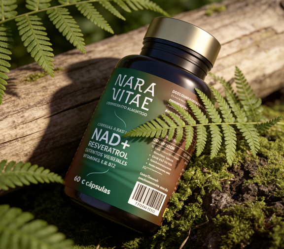 Bote de Nara Vitae NAD+ Resveratrol sobre un tronco con musgo y helechos